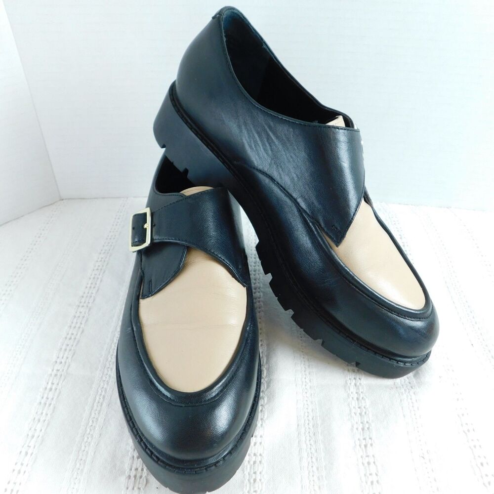 Seychelles Leather Loafers 7.5 Catch Me Black Cream Buckle Shoes Womens Retro